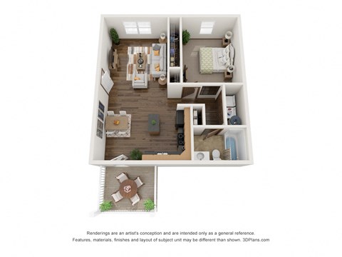 a stylized floor plan of a 1 bedroom apartment